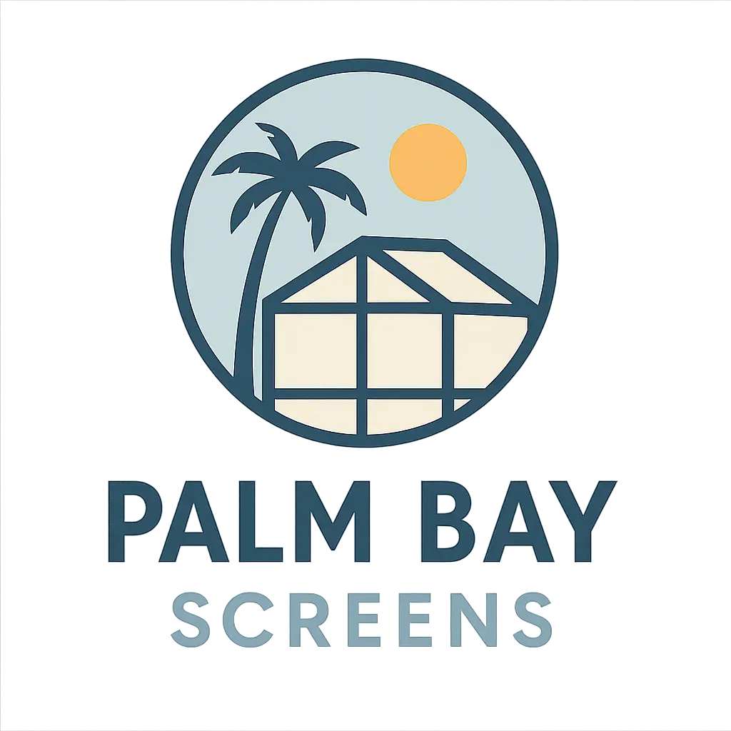 Palm Bay Screens company logo featuring a palm tree, sun, and screened enclosure icon.