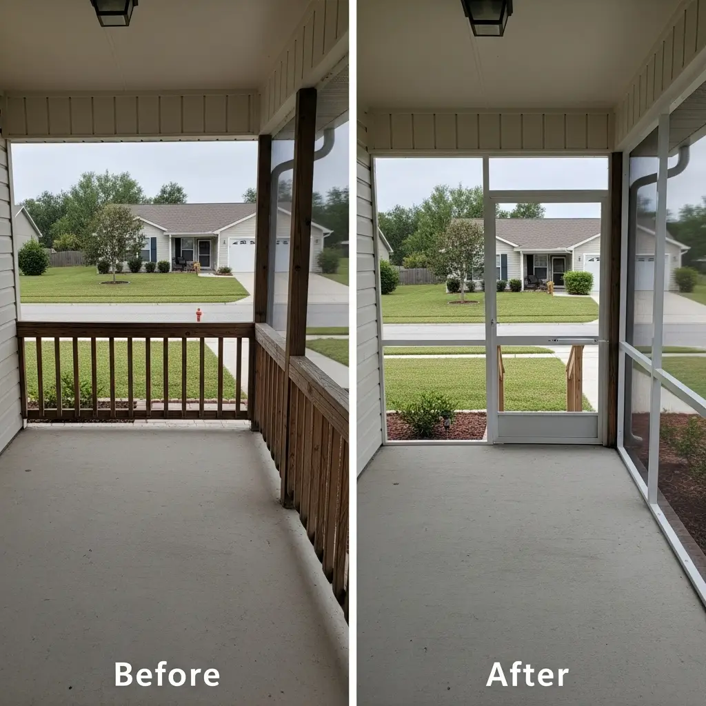 Before and after porch screen repair in Palm Bay, showing damaged open railing replaced with new screened enclosure.