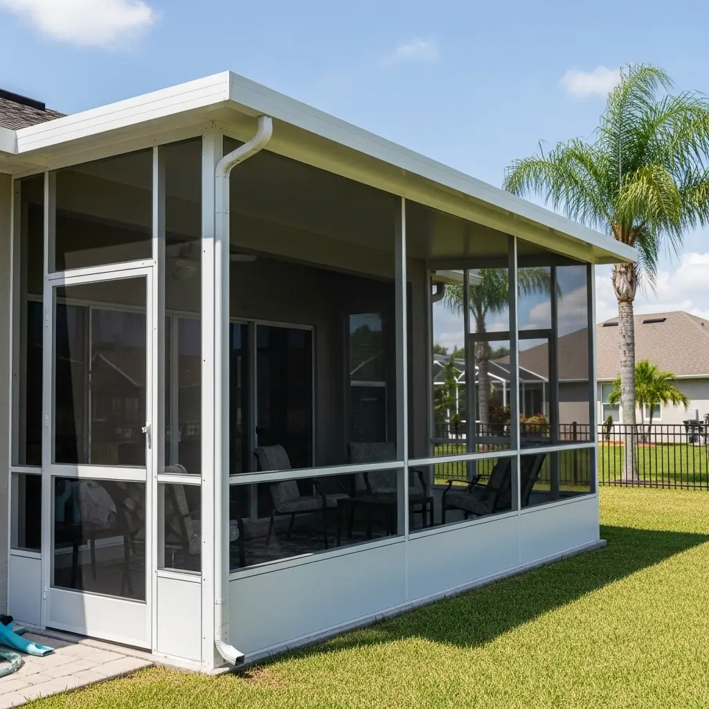 Custom-built lanai enclosure in Palm Bay with aluminum posts, screened panels, and a protected outdoor seating area.