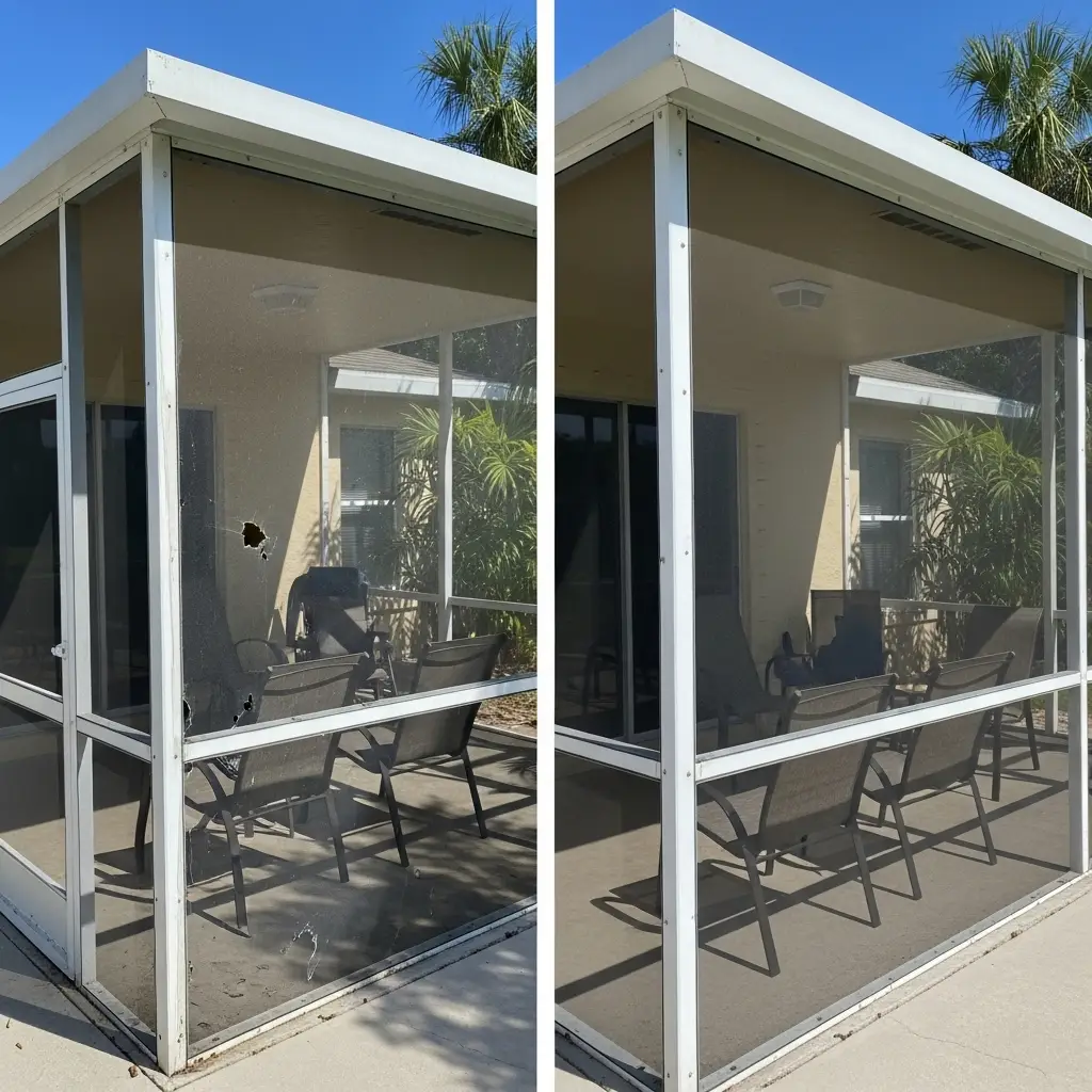 Before-and-after lanai screen repair in Palm Bay, FL showing replaced mesh panels and frame.