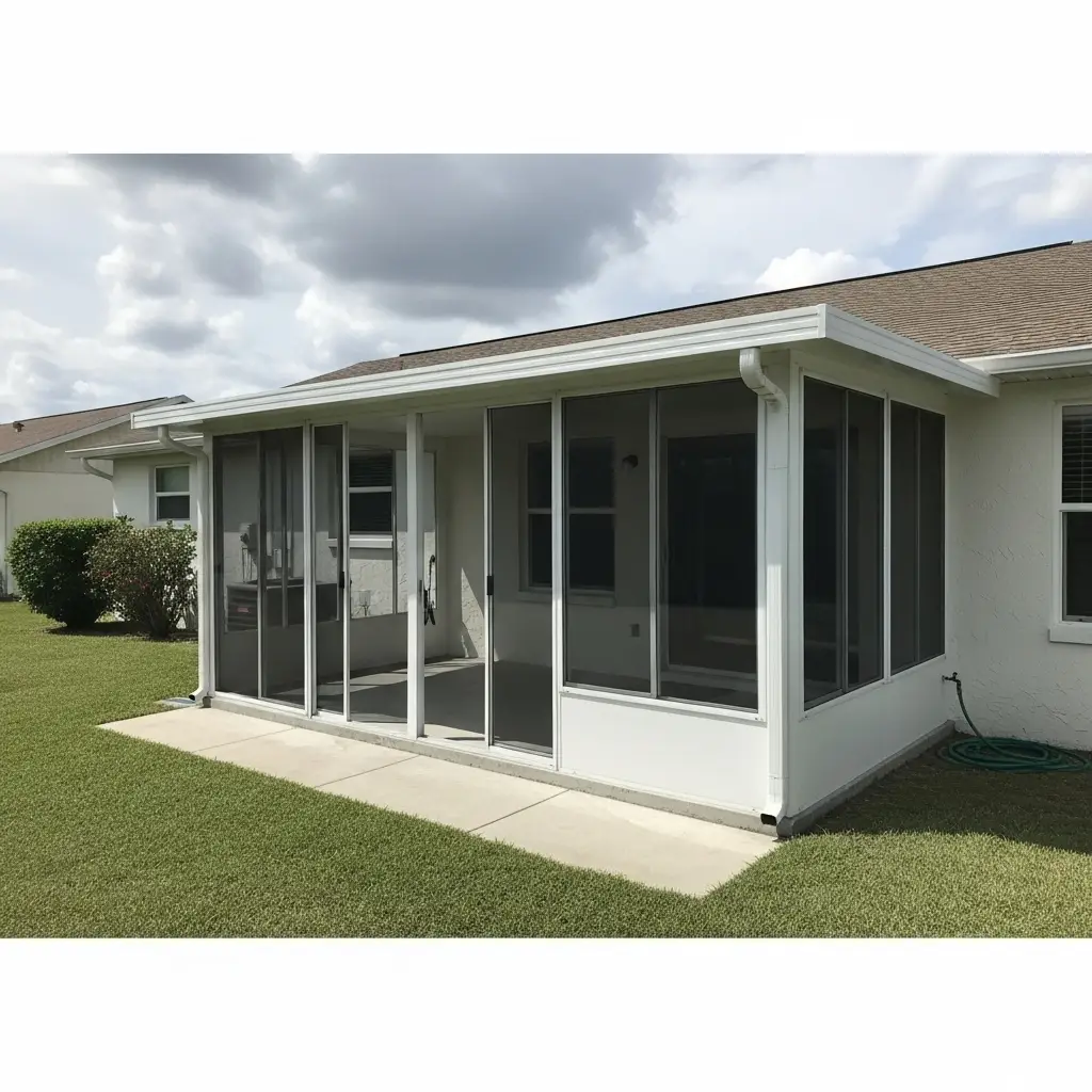 Lanai screen repair in Palm Bay, FL with newly rescreened panels.