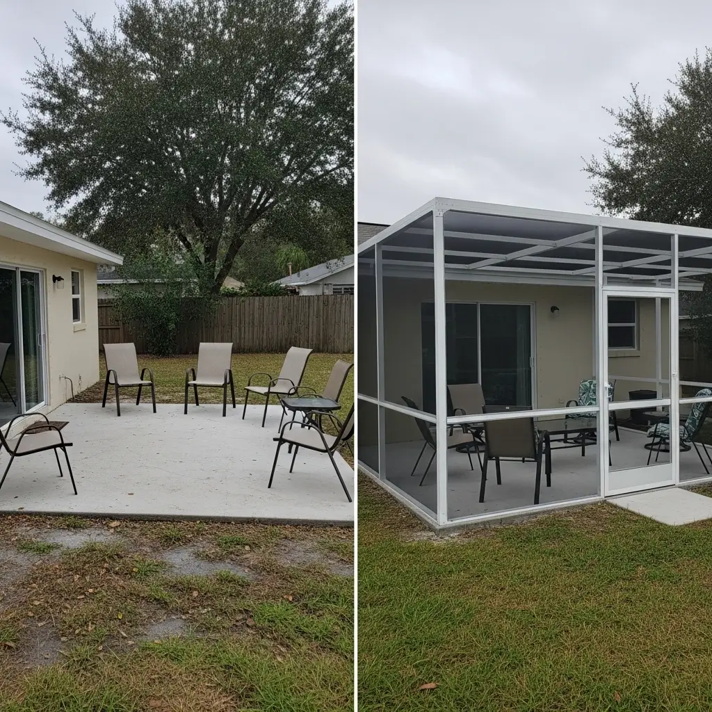 Before-and-after patio screen enclosure installation in Palm Bay, FL showing new framed structure.