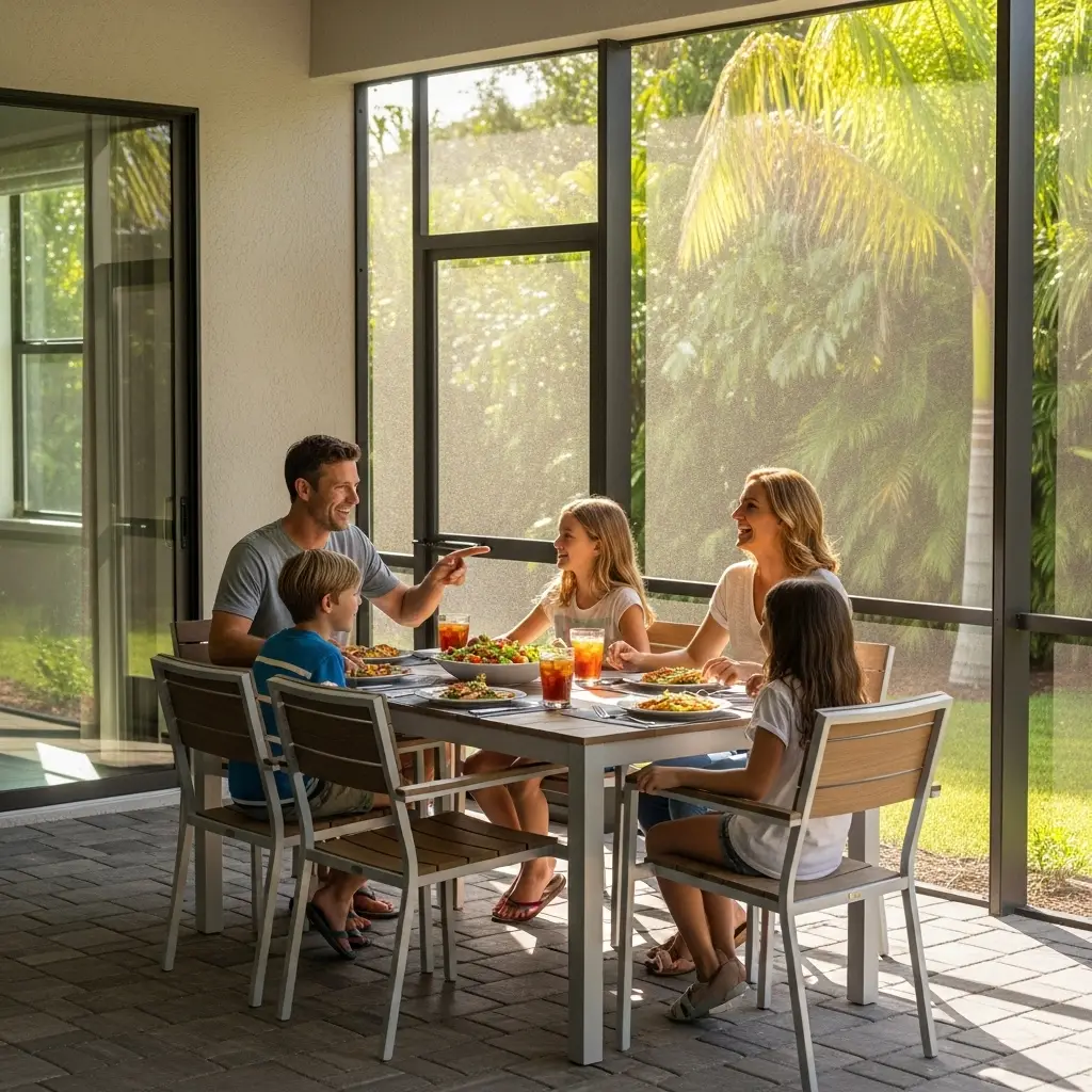 Family dining inside a screened patio enclosure in Palm Bay, FL with aluminum framing.