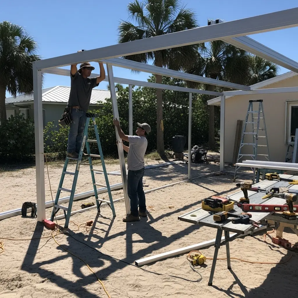 Patio screen installation in Palm Bay, FL with crew assembling new aluminum framing.