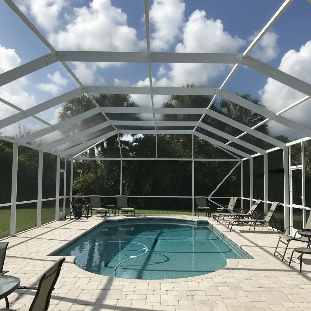 New pool cage installation in Palm Bay, FL featuring white aluminum framing around pool.