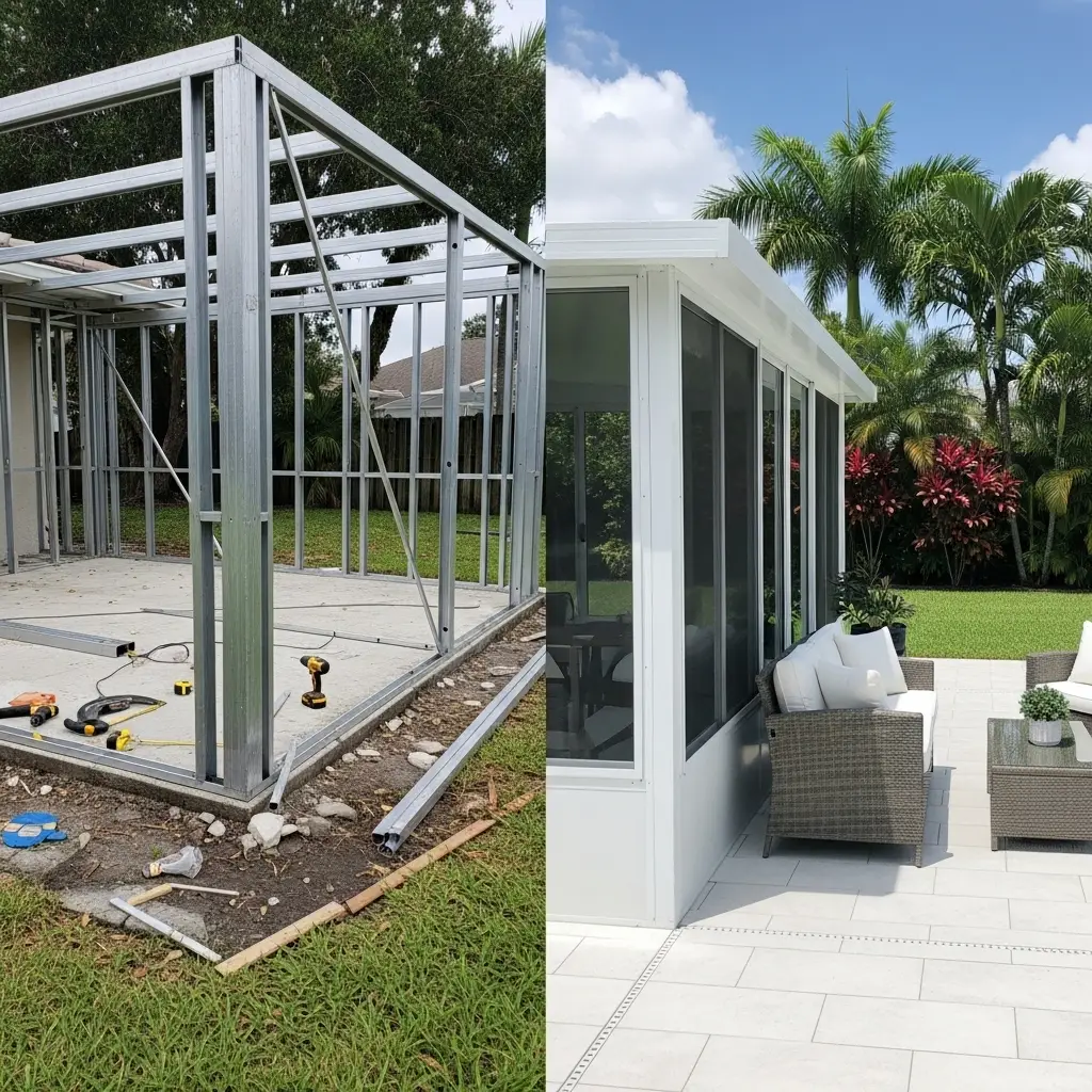 Before-and-after pool cage rescreening in Palm Bay, FL showing rebuilt structure and enclosure.