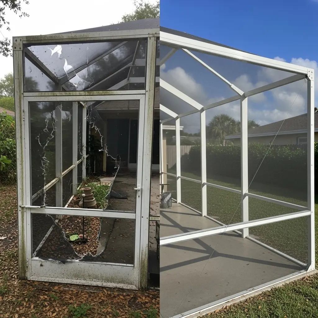 Before-and-after pool cage screen repair in Palm Bay, FL showing restored enclosure panels.