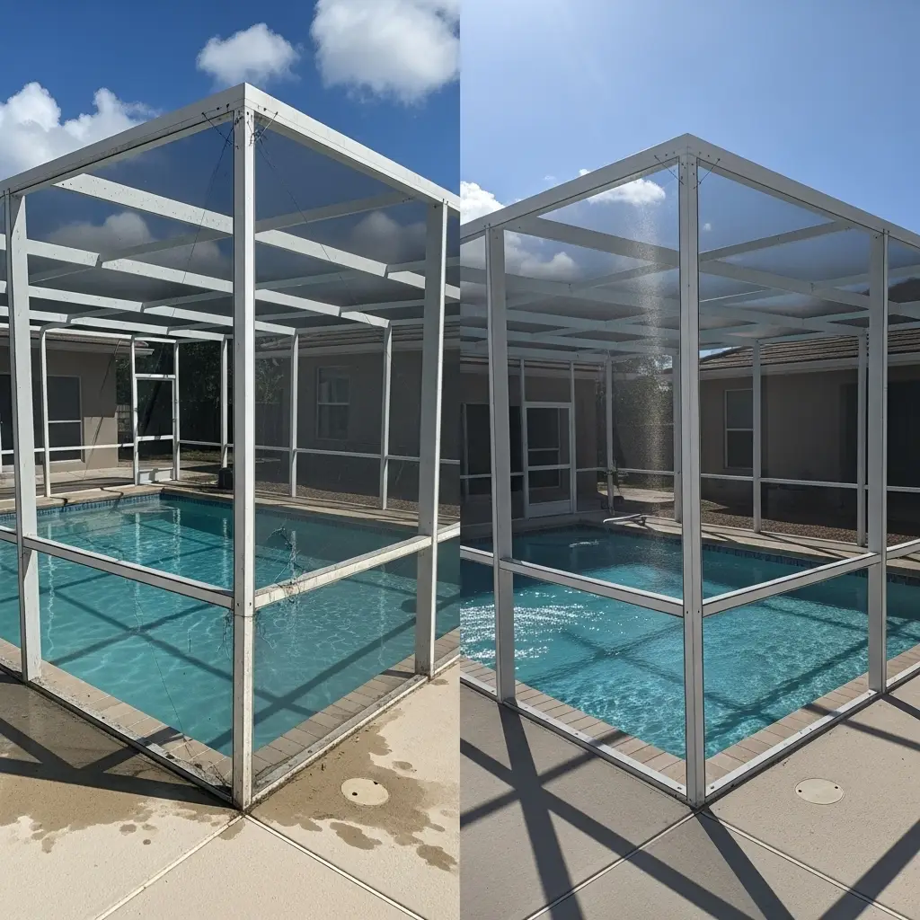 Before-and-after pool enclosure repair in Palm Bay, FL showing restored aluminum framing.