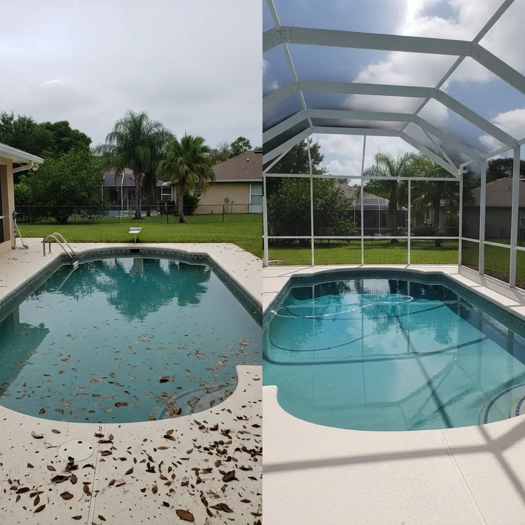 Before-and-after pool enclosure screens in Palm Bay, FL showing cleaner protected swimming area.