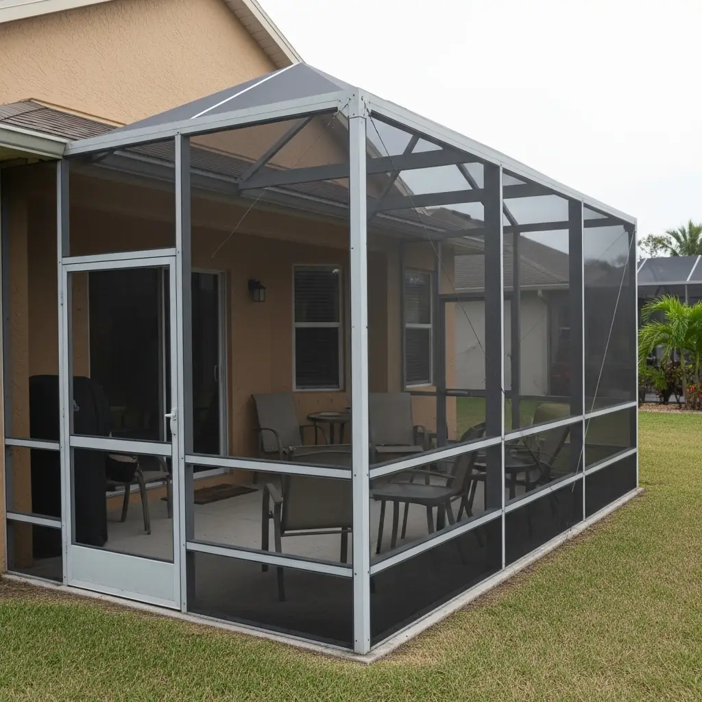 screened patio area in Palm Bay, FL featuring aluminum framing.