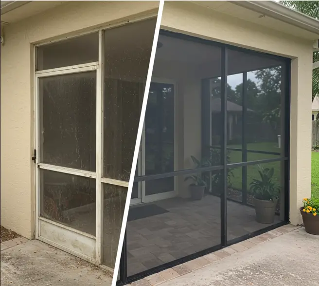 Before-and-after screen door repair in Palm Bay, FL showing restored patio enclosure.