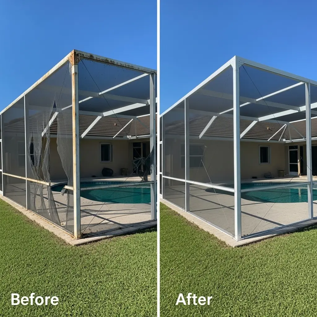 Before-and-after pool screen replacement in Palm Bay, FL showing restored enclosure panels.