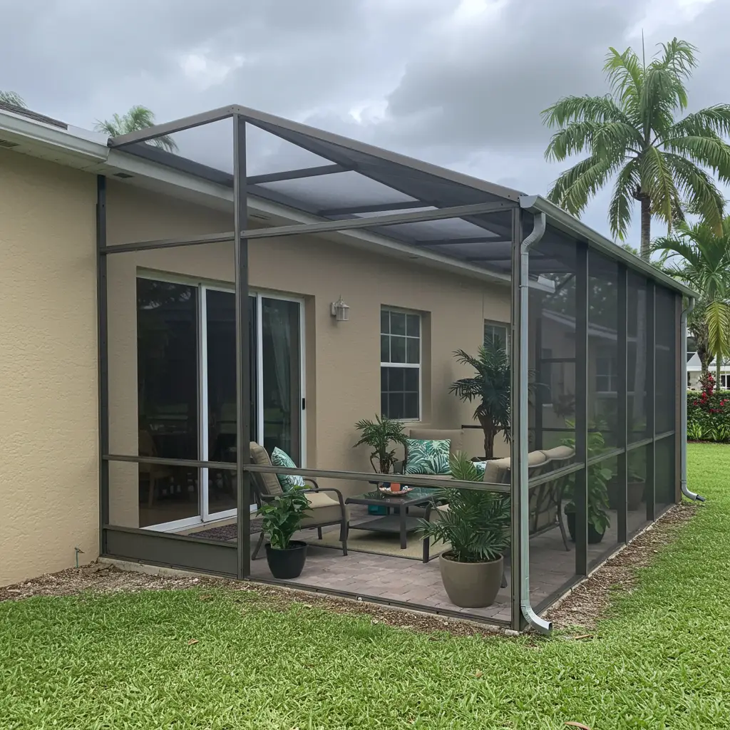 Screened patio replacement in Palm Bay, FL featuring updated aluminum framing and mesh panels.