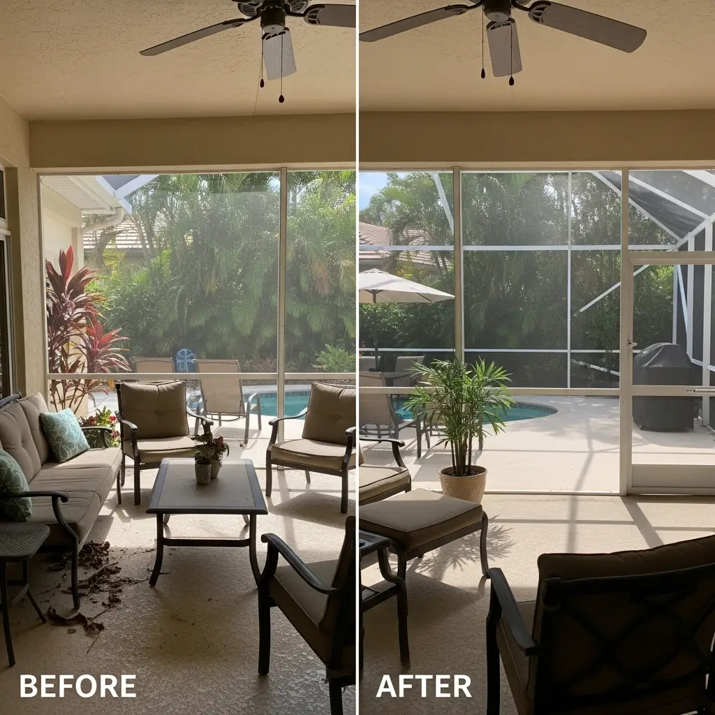 Before-and-after sunroom window repair in Palm Bay, FL improving backyard enclosure.