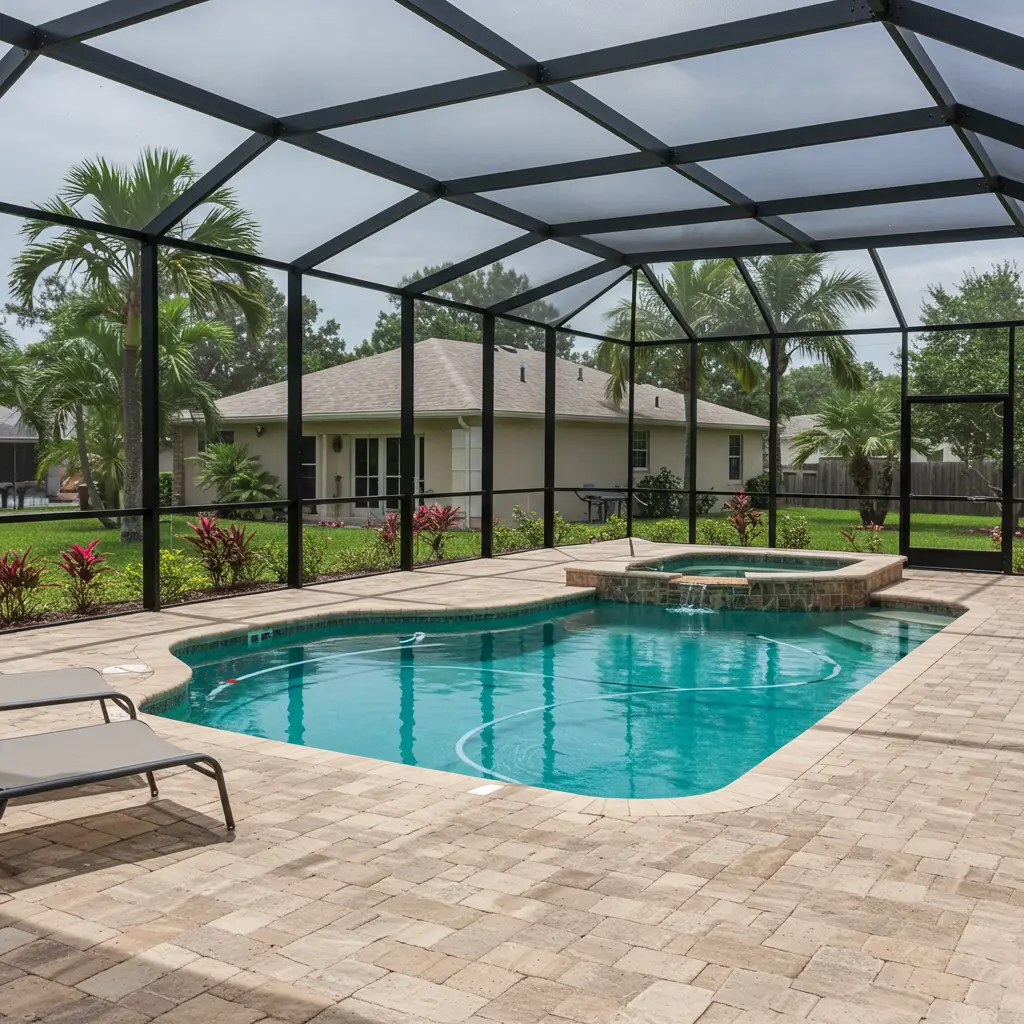 Here are three options — pick the one that fits your page best: **Alt Text:** Modern pool screen enclosure in Palm Bay, FL surrounding residential backyard.