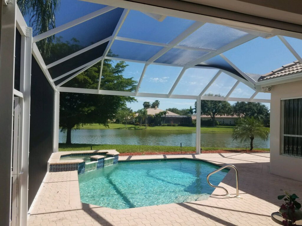 Pool enclosure rescreening in Palm Bay, FL for residential backyard swimming pool